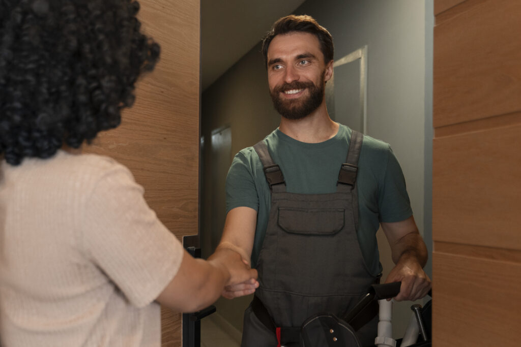 A locksmith helping a customer who is locked out of their home at night.