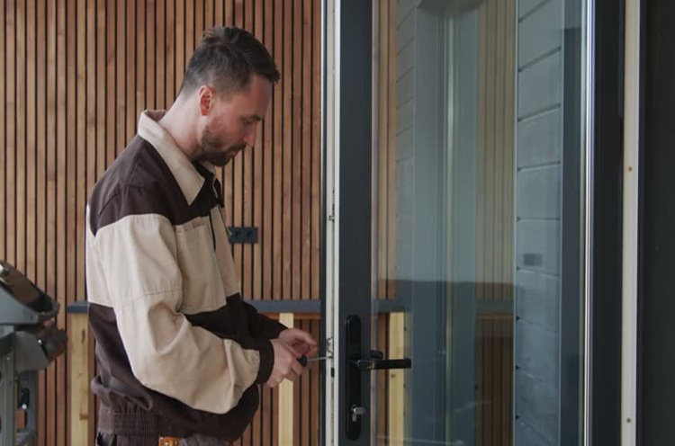 Technician configuring remote worker smart lock system installation