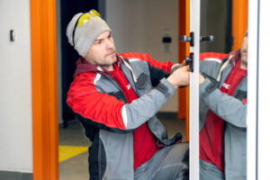 Technician installing a modern front door lock on an entry door